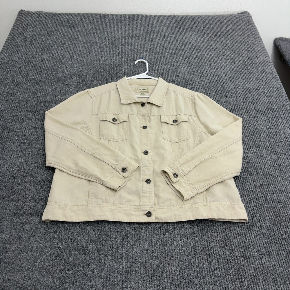 LL Bean Jacket Womens XL Tan Linen Cotton Button Up Pockets Casual Classic
